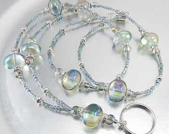 Blue Aqua Nugget Glass Beaded ID Badge Holder, ID Lanyard, Glasses Holder