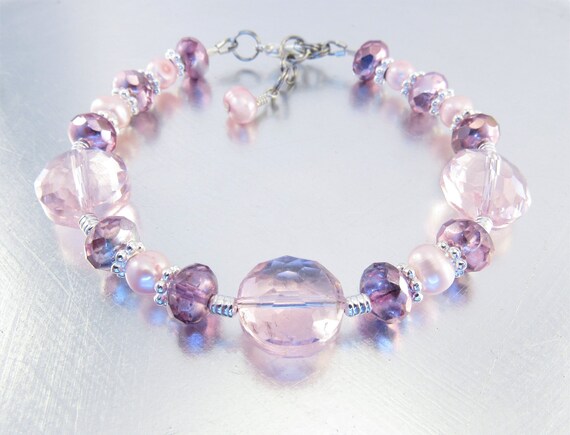 Pink Crystal Glass and Pink Freshwater Pearl Bracelet