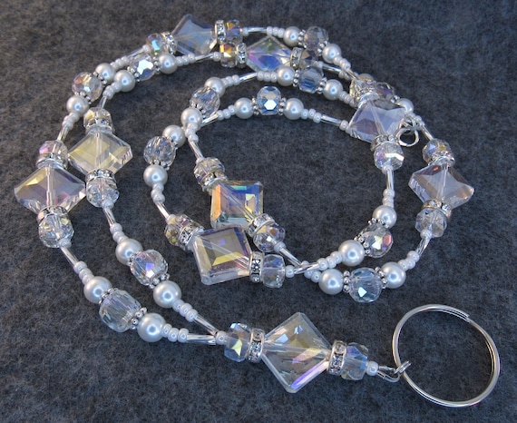 Aurora Borealis Crystal Glass and White Glass Pearl Beaded ID Lanyard, Badge Holder