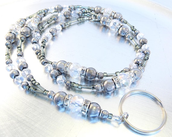 ID Lanyard, Badge Holder - Metallic Silver Glass, Rhinestone Wheel and Crystal Glass Beaded ID Lanyard