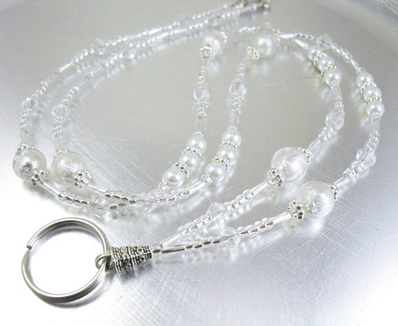 Silver Foiled and Clear Crystal Glass Beaded ID Lanyard, Badge Holder, Eyeglass Leash