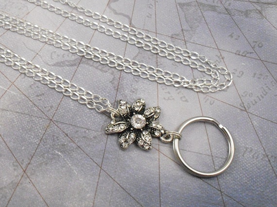 Petite Rhinestone Flower Charm Style ID Lanyard, Badge Holder - Curb Chain OR Leather Cord