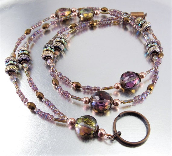 Beaded Lanyard - Copper, Bronze and Rainbow Purple Sparkly Crystal Glass ID Badge Holder, ID Lanyard, Glasses Holder