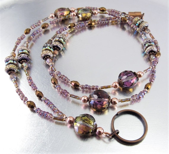 Beaded Lanyard - Copper, Bronze and Rainbow Purple Sparkly Crystal Glass ID Badge Holder, ID Lanyard, Glasses Holder