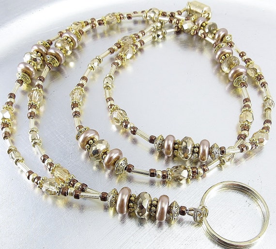 Beaded Lanyard - Gold Fire Polished Glass and Brown Glass Pearl Badge Lanyard, Necklace - Beaded ID Lanyard, Badge Holder