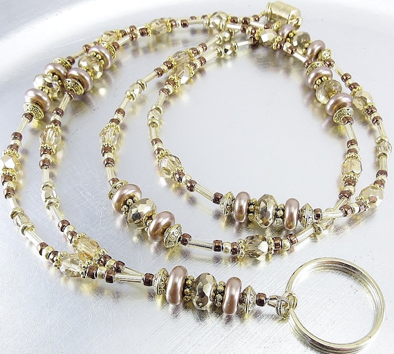 Beaded Lanyard - Gold Fire Polished Glass and Brown Glass Pearl Badge Lanyard, Necklace - Beaded ID Lanyard, Badge Holder