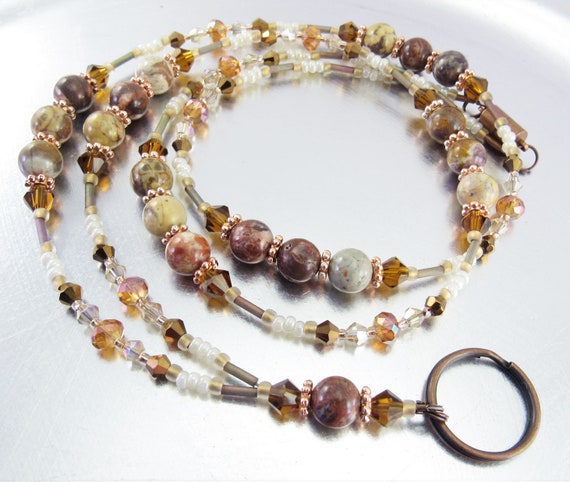 Beaded Lanyard - Birdseye Rhyolite and Sparkly Crystal Glass ID Badge Holder, ID Lanyard, Glasses Holder