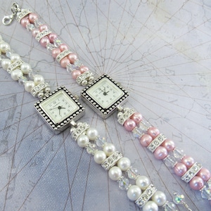 Beaded Bracelet Watch - Pink or White Freshwater Pearl and Austrian Crystal Bracelet Watch in Silver Wedding, Bride, Bridesmaid, Special Day
