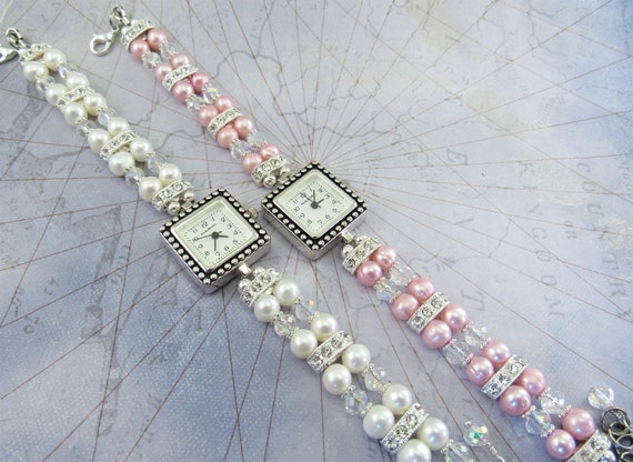 Beaded Bracelet Watch - Pink or White Freshwater Pearl and Austrian Crystal Bracelet Watch in Silver Wedding, Bride, Bridesmaid, Special Day