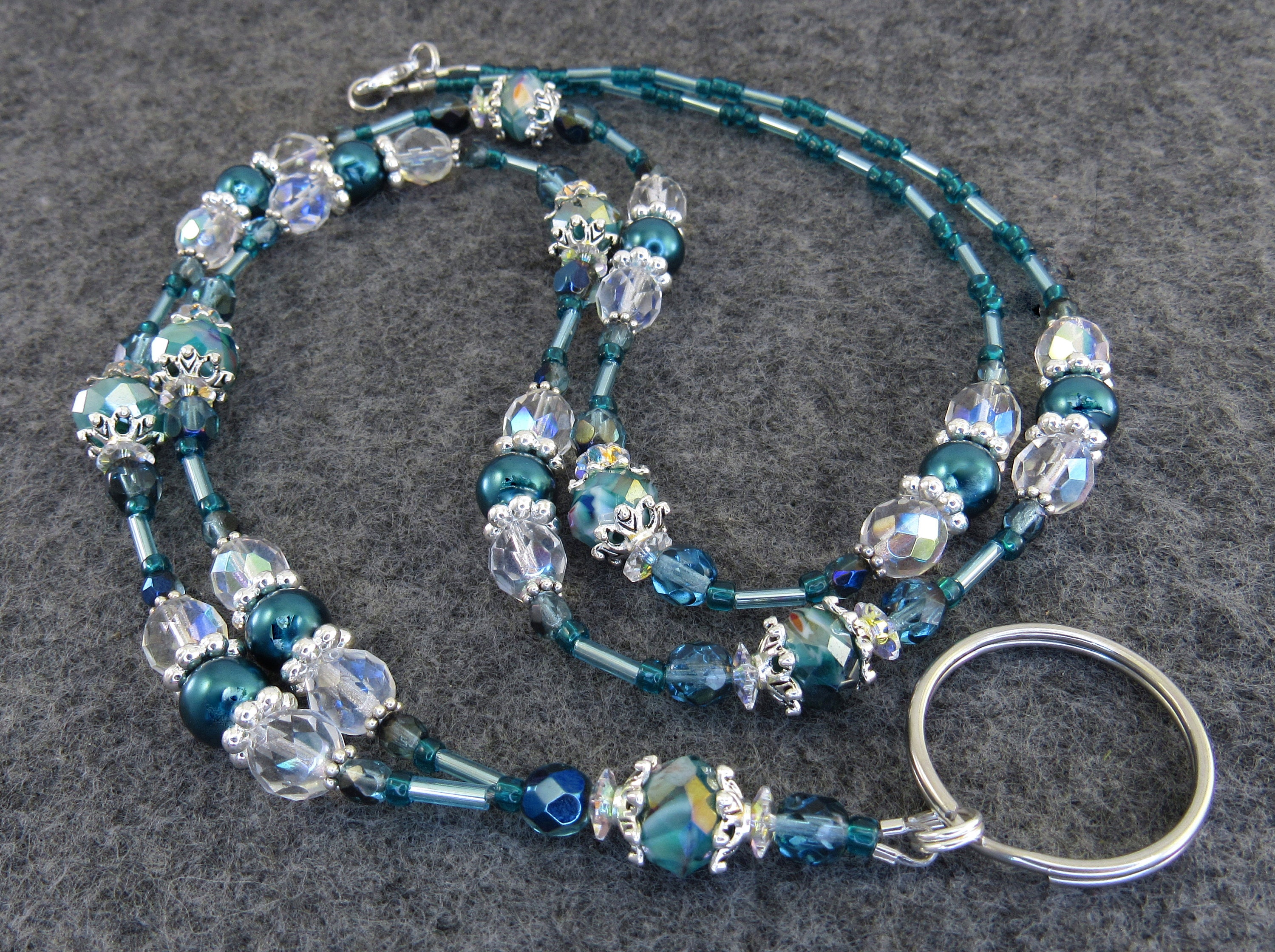 Lanyard -Teal Blue Crystal Glass and Glass Pearl Beaded Lanyard, ID Badge  Holder, ID Necklace Holder, Badge Clip Necklace