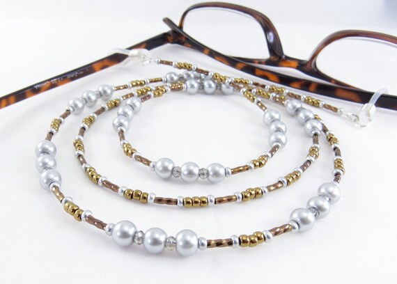 Grey Glass Pearl, Gray Crystal Glass and Bronze Beaded Eyeglass Lanyard, Sunglasses Leash, Glasses Necklace