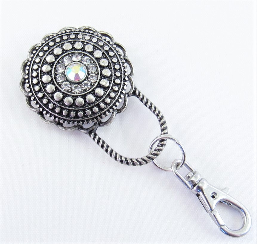 Silver, Rhinestone Pendant Badge Holder, Brooch, ID Holder, Reading Glasses Holder