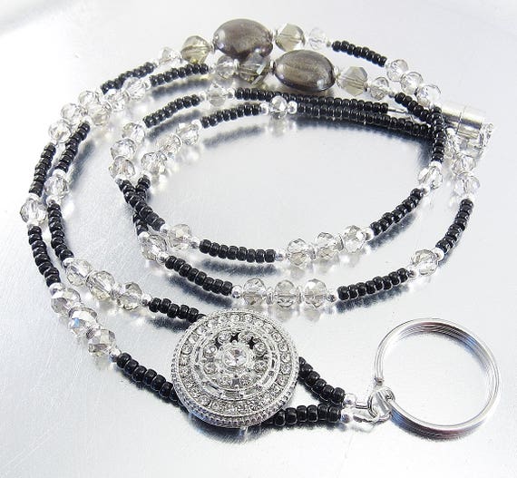 SALE! - Badge Lanyard, ID Holder, Credential Necklace - Black and Smoky Crystal Glass with Silver and Crystal Accents