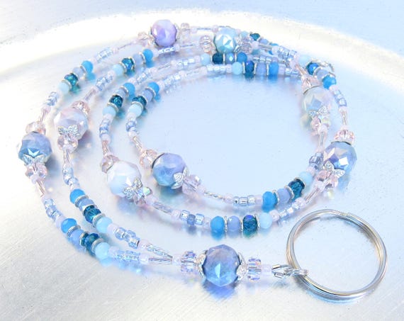 Pastel Rainbow Plated Faceted Glass and Pink Crystal Beaded ID Badge Holder, Credential Lanyard, Necklace