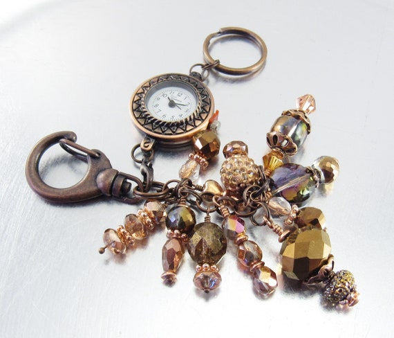 Bold Antique Copper, Bronze and Brown Crystal Glass Cluster Beaded Key Chain, Purse Embellishment, Zipper Pull w/wo Watch Face