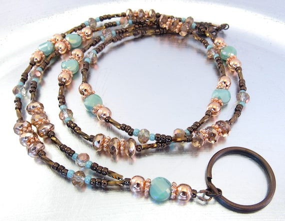 Lanyard - Copper, Bronze and Turquoise Beaded ID Lanyard, Badge Holder, Key Chain Necklace