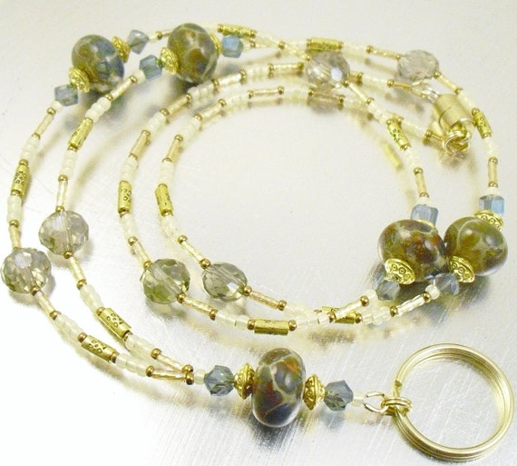 Fancy Swirled Glass Beaded ID Lanyard, Badge Holder, ID Badge Necklace with Gold Accents