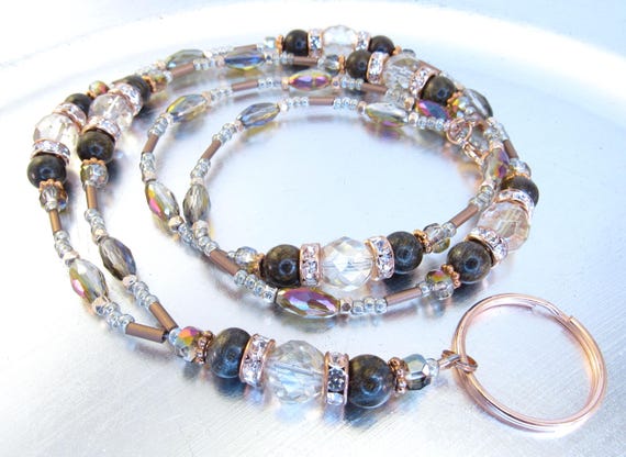 Beaded Lanyard - Bronzite, Champagne Crystal and Rose Gold Sparkly Crystal Glass ID Badge Holder, ID Lanyard, Glasses Holder