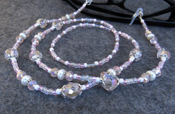 Faceted Pink Crystal and White Glass Pearl Eyeglass Lanyard, Eyeglass Leash, Glasses Holder