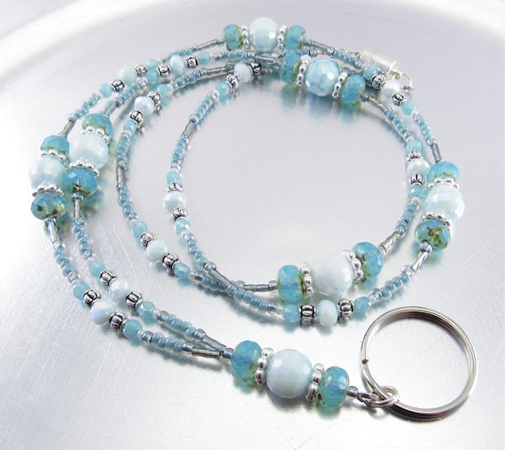 SALE! - Beaded Lanyard - Sparkly Blue Crystal Glass and Aqua Czech Glass Beaded ID Badge Holder, ID Lanyard, Glasses Holder