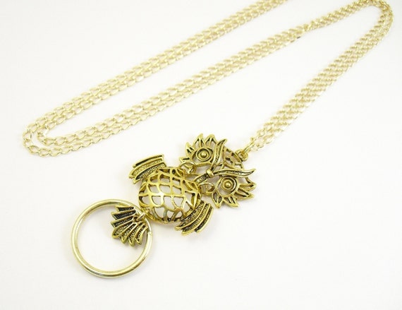 Gold Metal Owl Pendant ID Lanyard, Badge Holder, Key Chain Necklace - Curb Chain OR Leather Cord