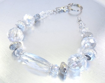 Silver and Clear Crystal Chunky Wristlet, Beaded Key Chain, Purse Embellishment, Purse Jewelry, Key Fob Bling