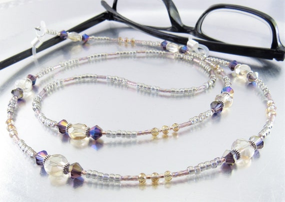 Champagne and Purple Crystal Glass Eyeglass Lanyard, Eyeglass Leash, Glasses Holder