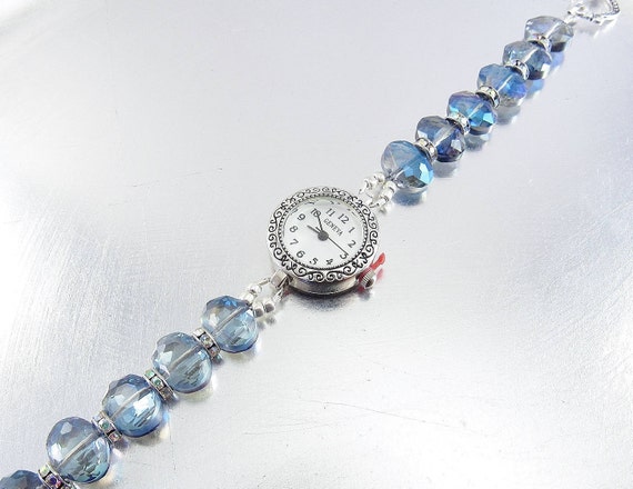 Blue Crystal Luster Glass Bracelet Watch with Aurora Borealis Rhinestones and Foldover Magnetic Clasp