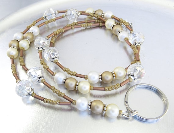 Beaded ID Lanyard, Badge Holder - White, Ivory and Ecru Glass Pearl and Aurora Borealis Crystal Glass