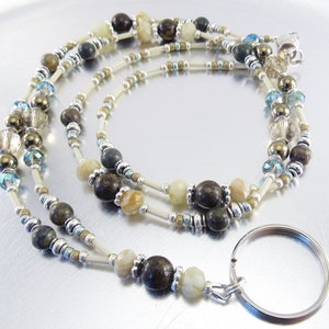 Bonzite, Brown Autumn Jasper, Natural Marble, Crystal Glass and Bronze Hematite Beaded ID Badge Holder, ID Lanyard, Glasses Holder