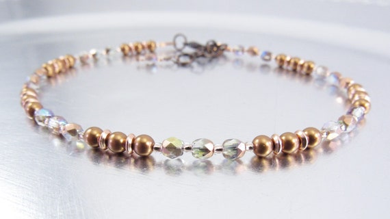 Beaded Ankle Bracelet - Copper Crystal Swarovski Pearl and Capri Gold Crystal Czech Glass Anklet