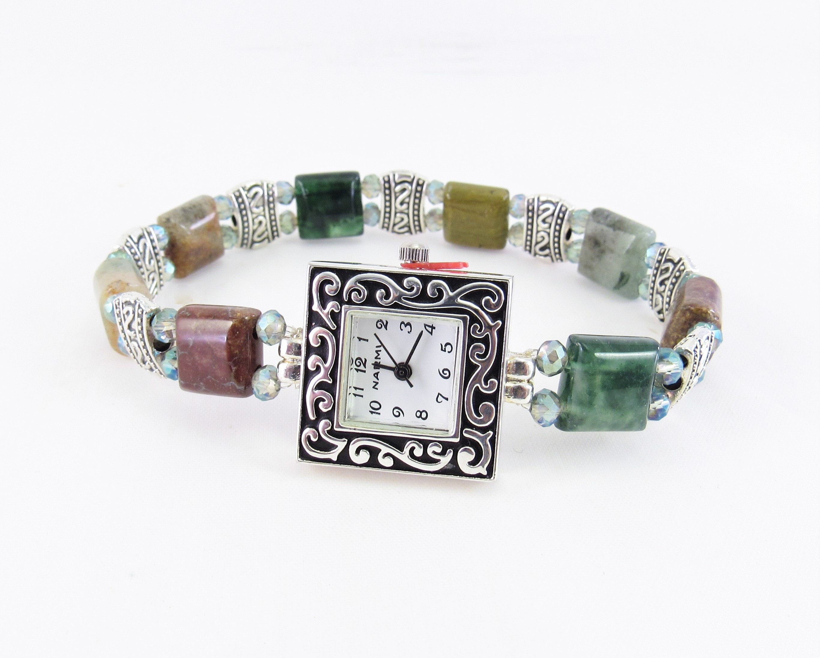 Beaded Bracelet Watch - Petite Fancy Jasper Stretchy Bracelet Watch