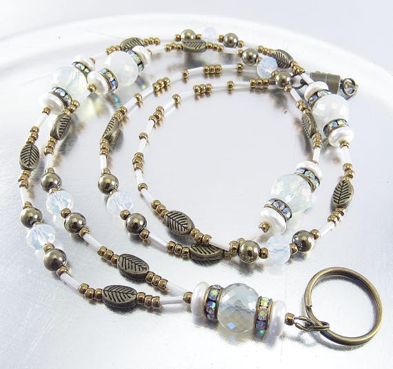 SALE! - ID Lanyard, Badge Holder - Opal Crystal Glass, Bronze Hematite with Antique Gold Accents