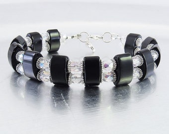 YOUR CHOICE - Black Onyx and Aurora Borealis Crystal Medical ID Bracelet, Interchangeable Watch Band, Regular Bracelet