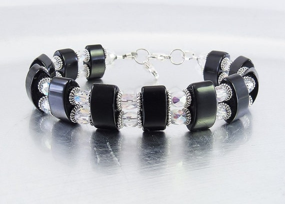 YOUR CHOICE - Black Onyx and Aurora Borealis Crystal Medical ID Bracelet, Interchangeable Watch Band, Regular Bracelet