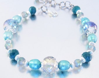 Aqua Rainbow Crystal, Teal Freshwater Pearls, and Teal Blue Green Beaded Bracelet