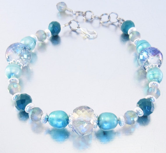 Aqua Rainbow Crystal, Teal Freshwater Pearls, and Teal Blue Green Beaded Bracelet