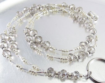 Cordón para identificación con cuentas de cristal de diamante negro facetado, portatarjetas, collar para identificación