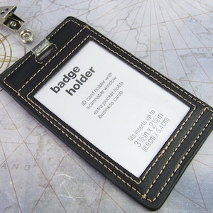 Porta-crachá de couro sintético preto, porta-identificação, bolso para crachá, porta-cartões de visita