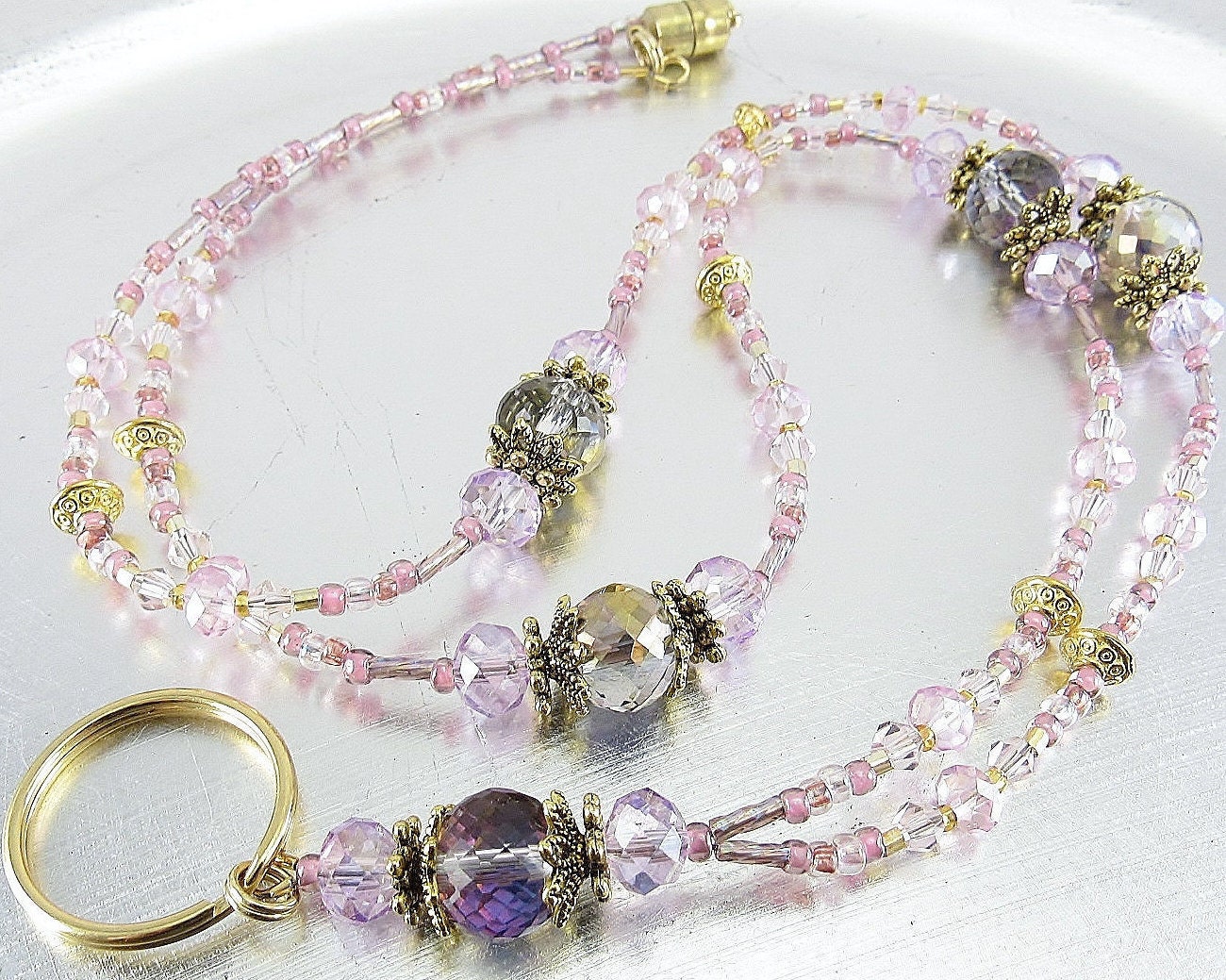 Gold, Lavender and Pink Crystal Glass Beaded Lanyard, ID Badge