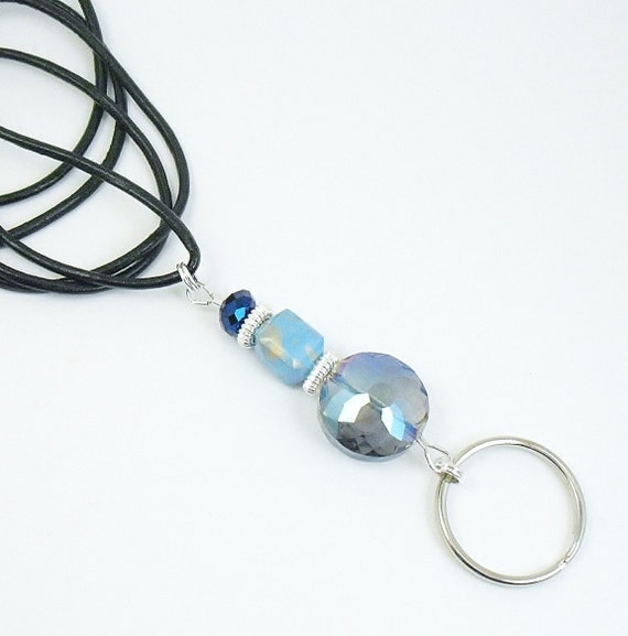 Leather Cord Lanyard OR Chain Lanyard - Blue Aurora Borealis Crystal and Turquoise Ceramic Badge Holder