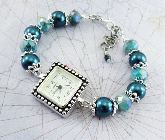 Beaded Bracelet Watch -Teal Celestial Crystal Glass Pearl and Teal Crystal Glass Bracelet Watch