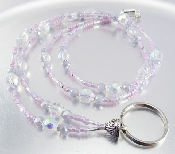 Beaded Lanyard, ID Necklace, Badge Holder, Credential Necklace - Petite Lavender and Aurora Borealis Crystal