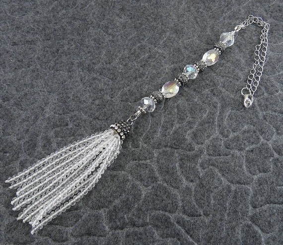 SALE! - Bold Crystal and Grey Rhinestone Tassel Rear View Mirror Charm, Decor, Sun Catcher, Crystal Accessory