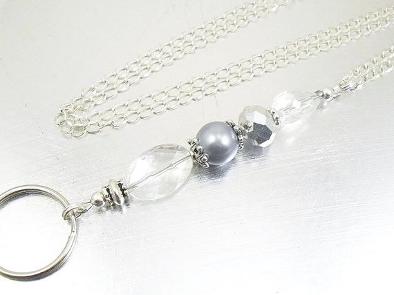 Crystal Glass, Grey Pearl and Silver Oval Link Chain OR Leather Cord ID Lanyard, Badge Holder, Key Chain Necklace