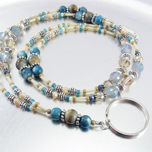 Earth Tone Ceramic, Blue Shell, Ecru, Champagne and Sparkly Rainbow Crystal Beaded ID Badge Holder, ID Lanyard