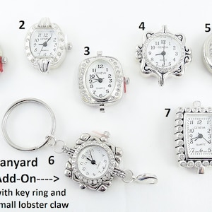 May include: Seven silver-tone wristwatches with rhinestone accents. The watches have white faces with black numbers and hands. The watches are numbered 1 through 7. A silver key ring and lobster claw are shown below the watches.