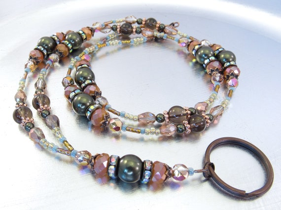 Beaded Lanyard - Copper Crystal and Green Swarovski Pearl Sparkly Crystal Glass ID Badge Holder, ID Lanyard, Glasses Holder