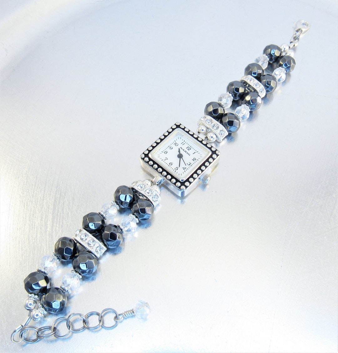 Beaded Bracelet Watch - Black Faceted Hematite and Austrian  display picture 1