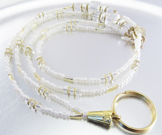 Beaded Lanyard, ID Necklace, Badge Holder, Credential Necklace - Petite Faceted Square AB Crystal and Cream Glass Pearl with Gold Accents